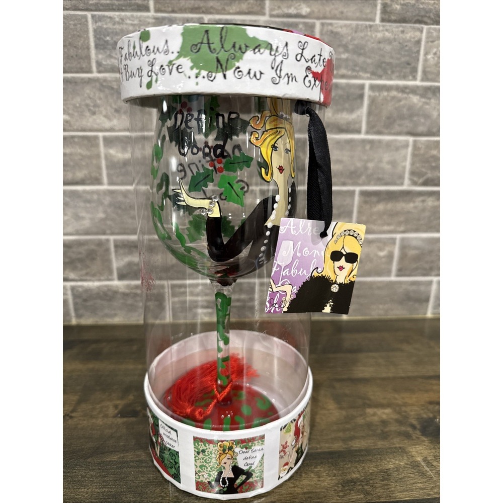 Delish‎ Holiday Hand Painted Wine Glass Christmas Define Good 15 oz NEW